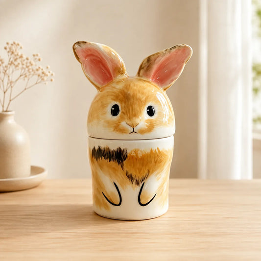 Front view of a custom hand-painted ceramic rabbit memorial urn