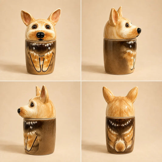 Front, side and back views of a custom hand-painted ceramic dog memorial urn