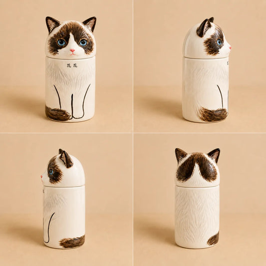 Front, side and back views of a large hand-painted ceramic cat memorial urn