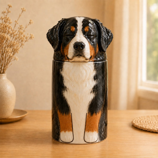 Hand-painted Bernese Mountain Dog urn displayed in a warm home setting