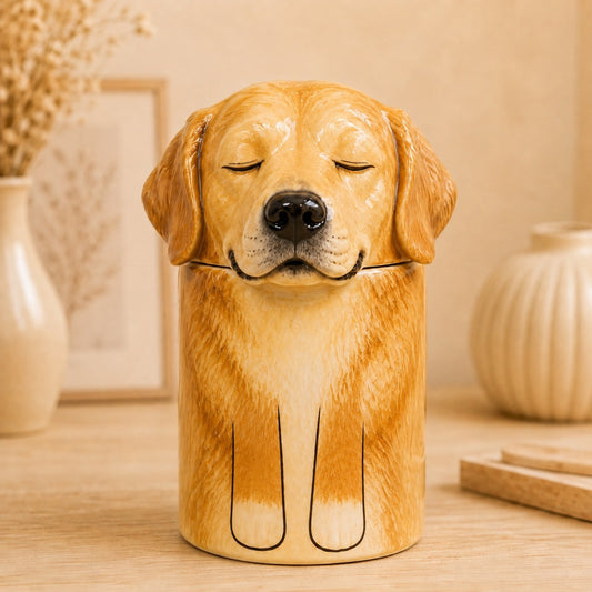 Hand-painted ceramic Golden Retriever urn displayed in a warm home setting