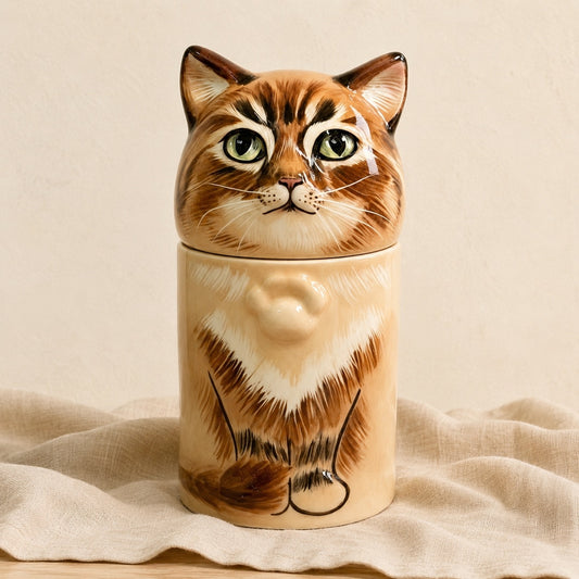 Front view of a large hand-painted ceramic tabby cat urn for ashes