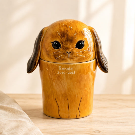 Front view of a personalized lop-eared rabbit urn for ashes with custom name and dates