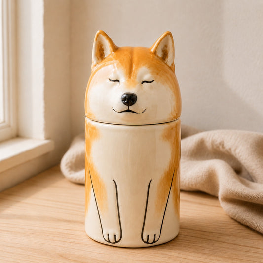 Front view of a large custom Shiba Inu ceramic urn for ashes in a warm home setting