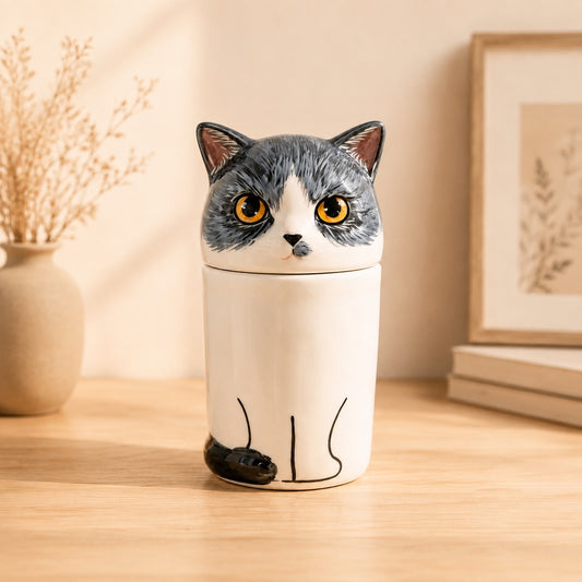 Small personalized ceramic cat urn for ashes displayed in a warm home interior