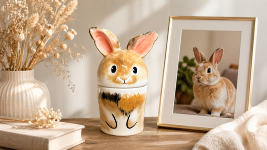 Custom ceramic rabbit memorial urn displayed beside a framed rabbit photograph