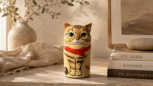 Hand-painted ceramic cat memorial urn displayed in a warm, artistic home setting