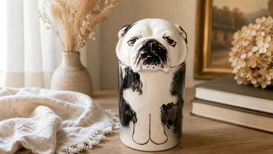Dog memorial display with a ceramic urn, framed photograph and keepsakes at home