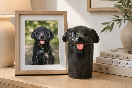Custom hand-painted ceramic pet urn inspired by a black dog photo