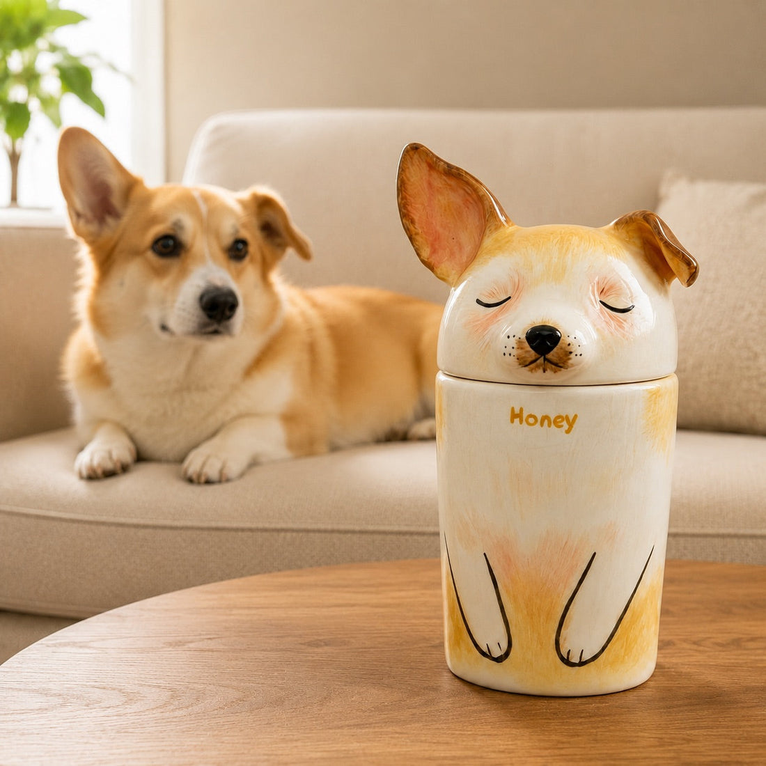 Personalized ceramic pet urn with a pet name, dates, and memorial message beside a framed photograph