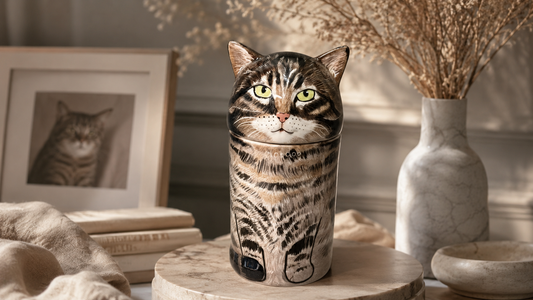 Ceramic pet memorial and wooden keepsake box displayed together in a neutral home interior