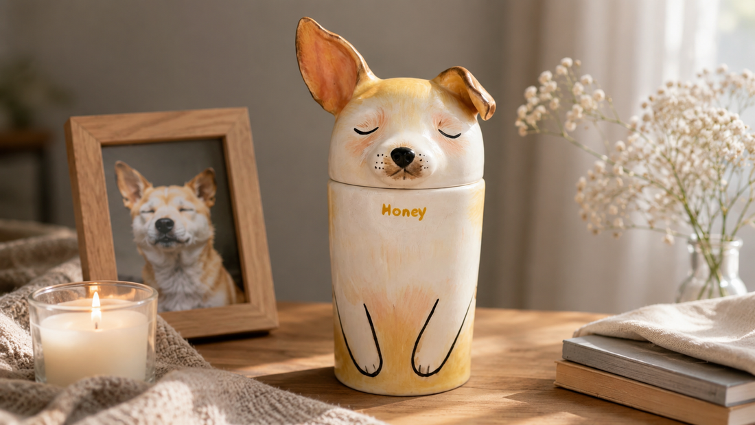 Custom ceramic dog urn for ashes displayed beside a framed dog photograph