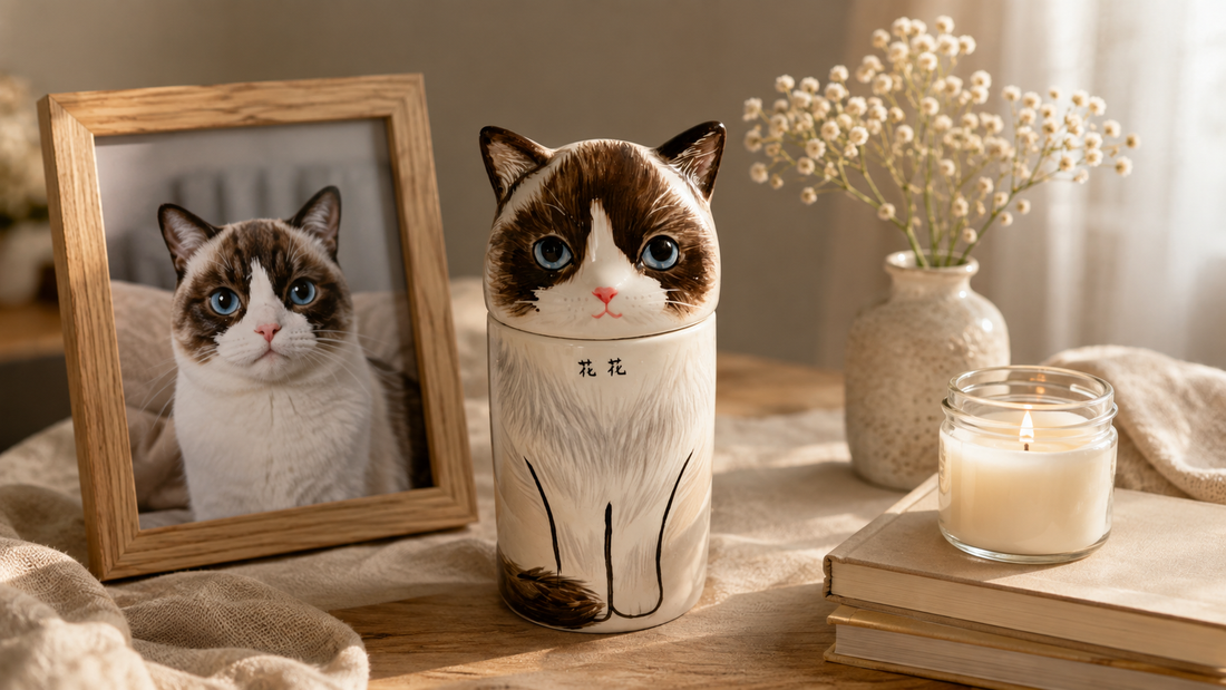 Personalized ceramic cat urn for ashes displayed with a framed cat photograph