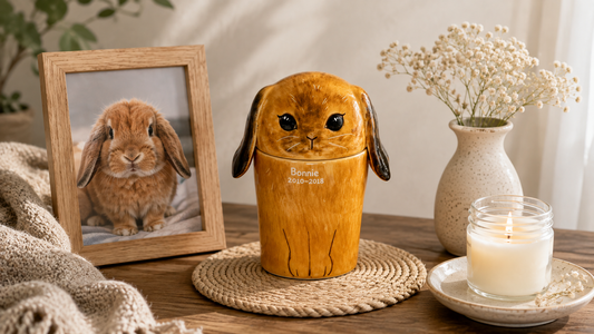 Small pet memorial arrangement with ceramic rabbit keepsake, framed photograph and flowers