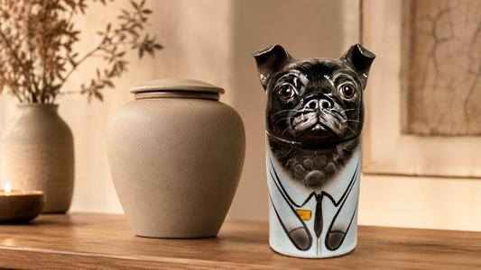 Pet-shaped ceramic urn displayed beside a traditional pet urn for comparison