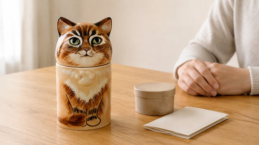 Hands carefully placing a sealed bag of pet ashes into a ceramic memorial urn on a stable table