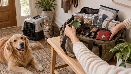 Cat calmly practicing entering a carrier beside a harnessed dog during pet emergency preparation