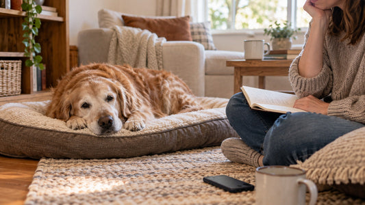 Owner sitting beside a senior Golden Retriever while reviewing a pet-care notebook at home