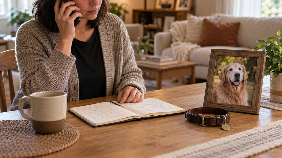 Pet owner calling a veterinary provider and reviewing aftercare notes in a quiet living room