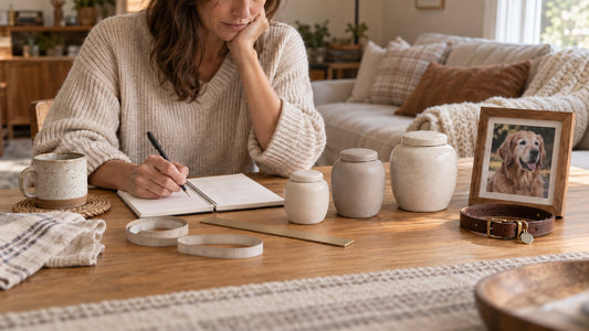 Pet owner comparing urn capacity and opening measurements before choosing a memorial