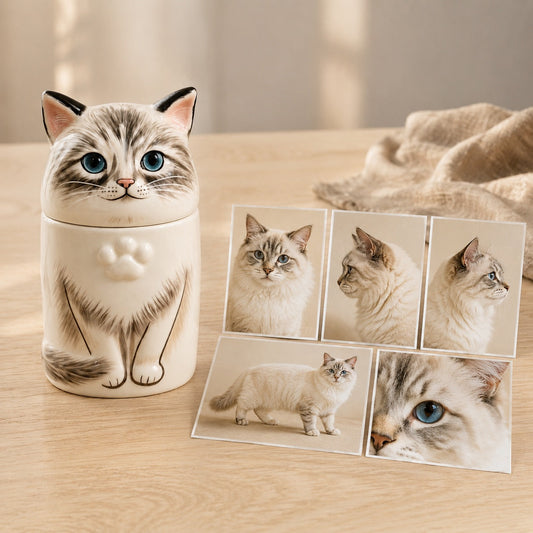 Five reference photos arranged beside a hand-painted ceramic pet urn, showing front, side, full-body, and coat-marking views