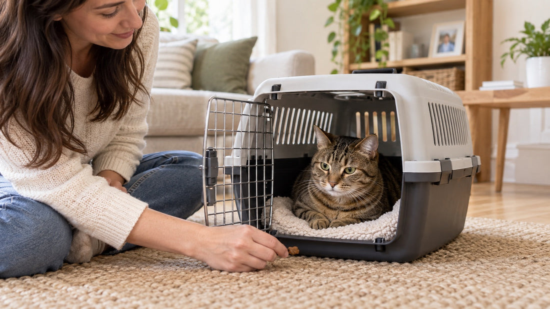 Relaxed tabby cat entering an open carrier during reward-based training