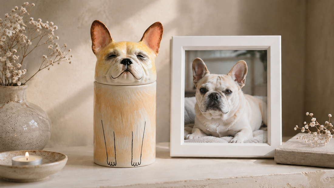 Custom ceramic pet memorial urn displayed beside a framed pet photograph