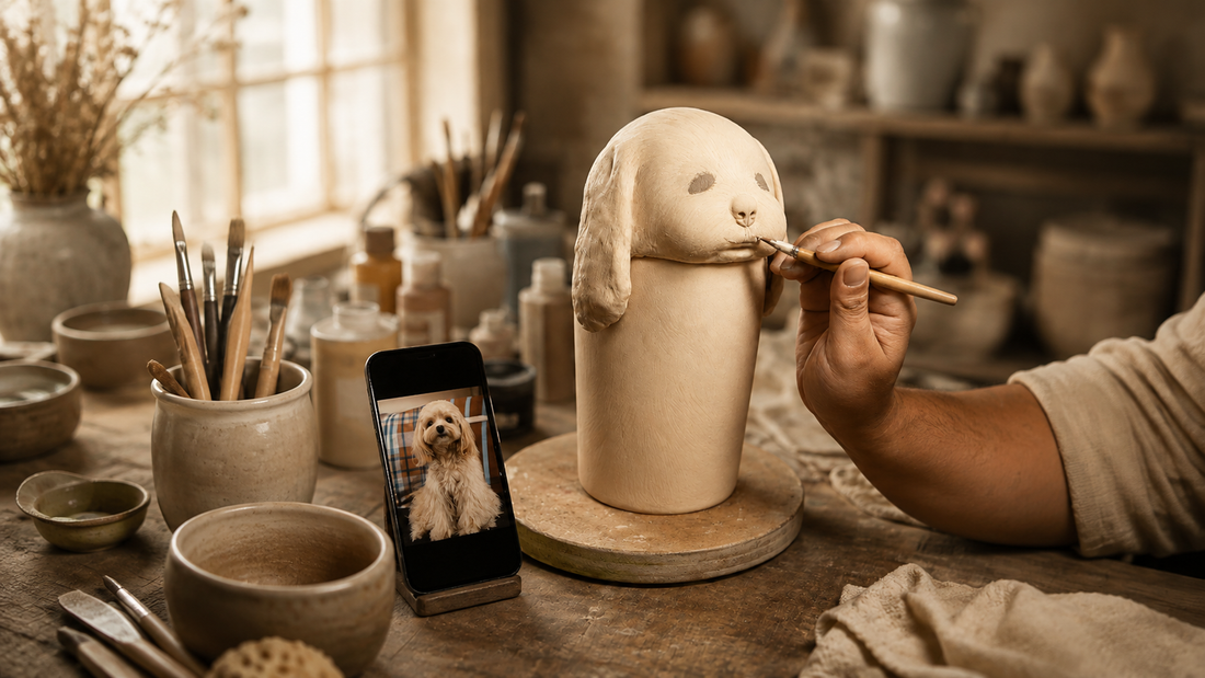 Artist refining a custom ceramic pet memorial using a pet photograph as reference
