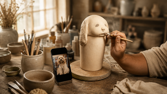 Artist refining a custom ceramic pet memorial using a pet photograph as reference
