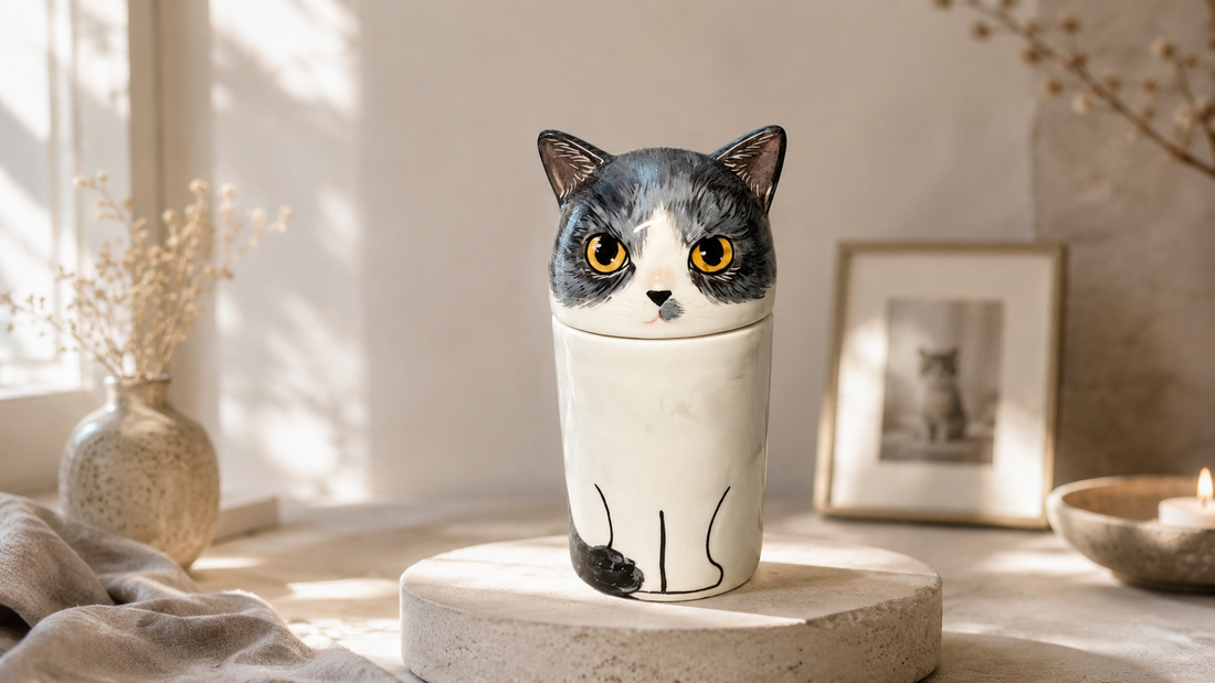 Ceramic pet memorial displayed beside a framed pet photograph in a quiet home setting