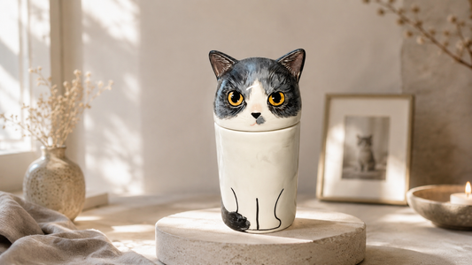 Ceramic pet memorial displayed beside a framed pet photograph in a quiet home setting