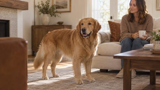 Golden Retriever showing relaxed dog body language with soft eyes and a loose posture at home