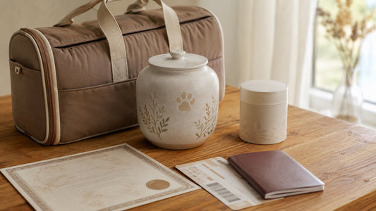 Sealed pet ashes container, cremation certificate, and empty ceramic pet memorial prepared for air travel