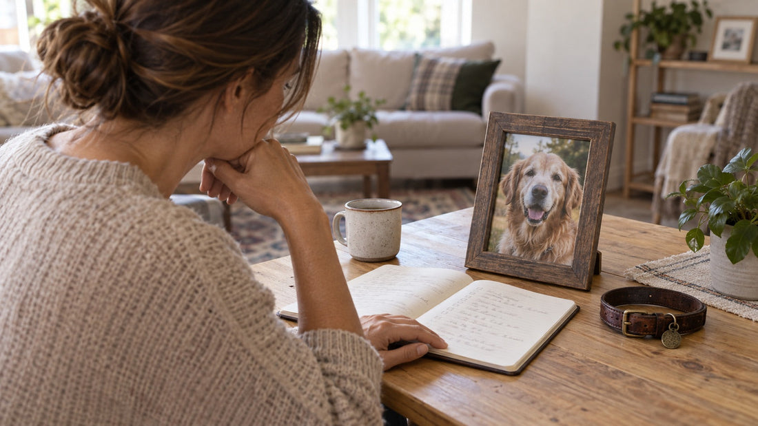 Pet owner reviewing an end-of-life care timeline beside a framed dog photo and collar