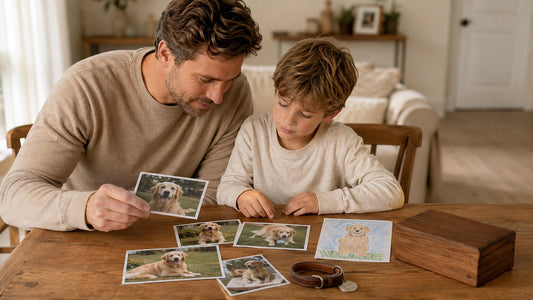 Parent and child creating a family pet memorial with photographs, a drawing, and a collar