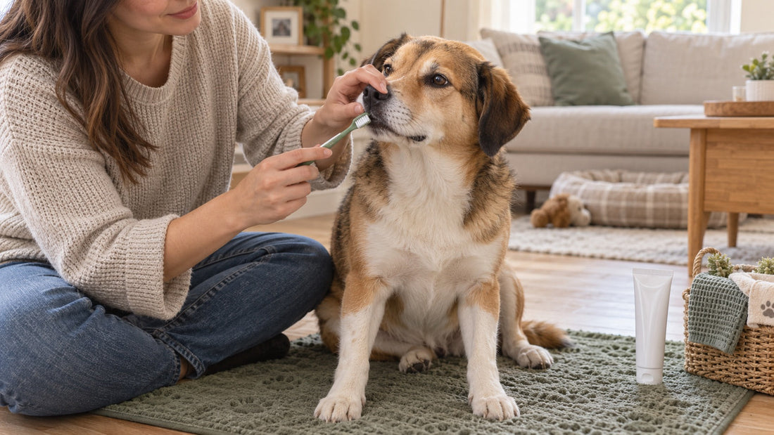 Owner gently introducing a soft toothbrush during an at-home dog dental care routine