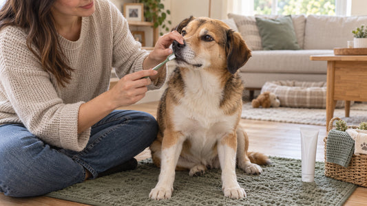 Owner gently introducing a soft toothbrush during an at-home dog dental care routine