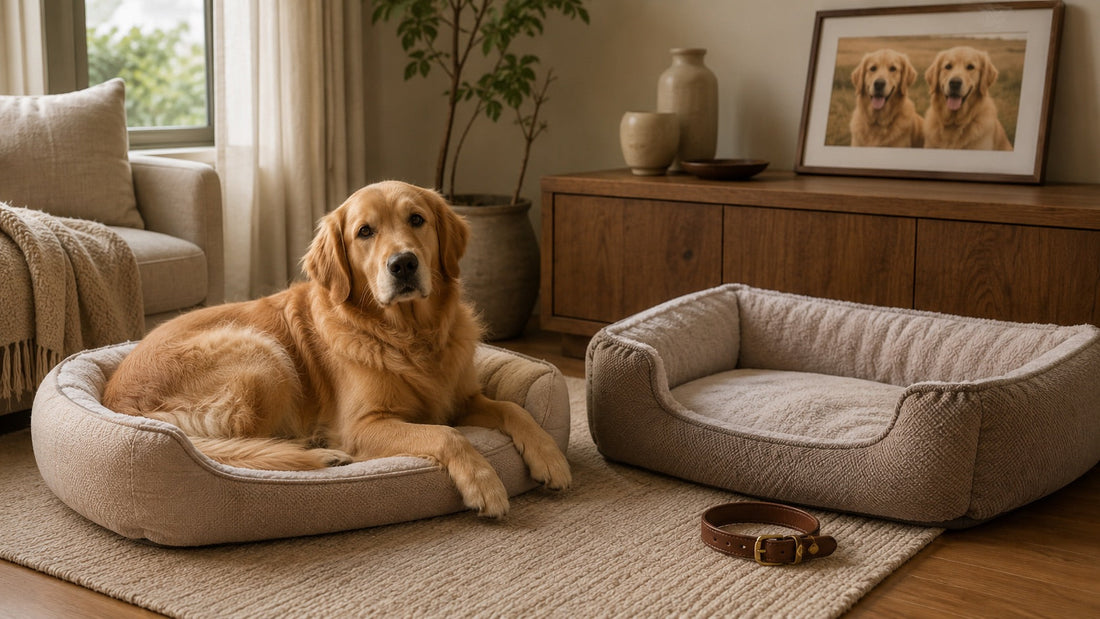 Golden Retriever resting beside an empty pet bed after the loss of an animal companion