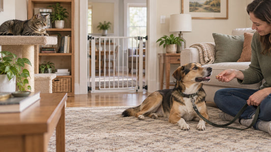 Calm cat on an elevated perch during a supervised introduction to a relaxed dog on a loose leash