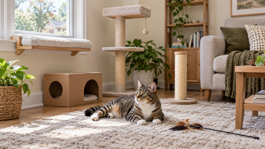 Indoor cat enrichment setup with a window perch, scratching post, hideaway, and interactive toy