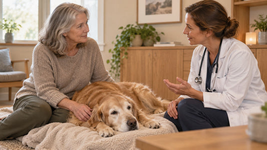 Veterinarian speaking gently with an owner beside an older pet resting on a blanket