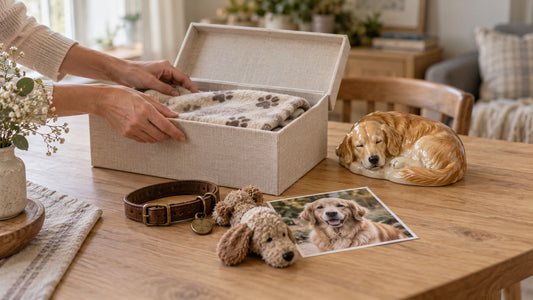 Pet collar, folded blanket, and favorite toy beside a memory box and ceramic pet memorial