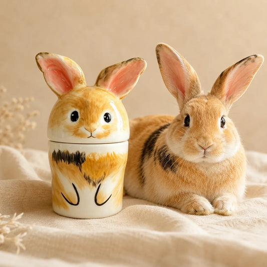 Pet reference rabbit beside a custom hand-painted ceramic rabbit memorial urn