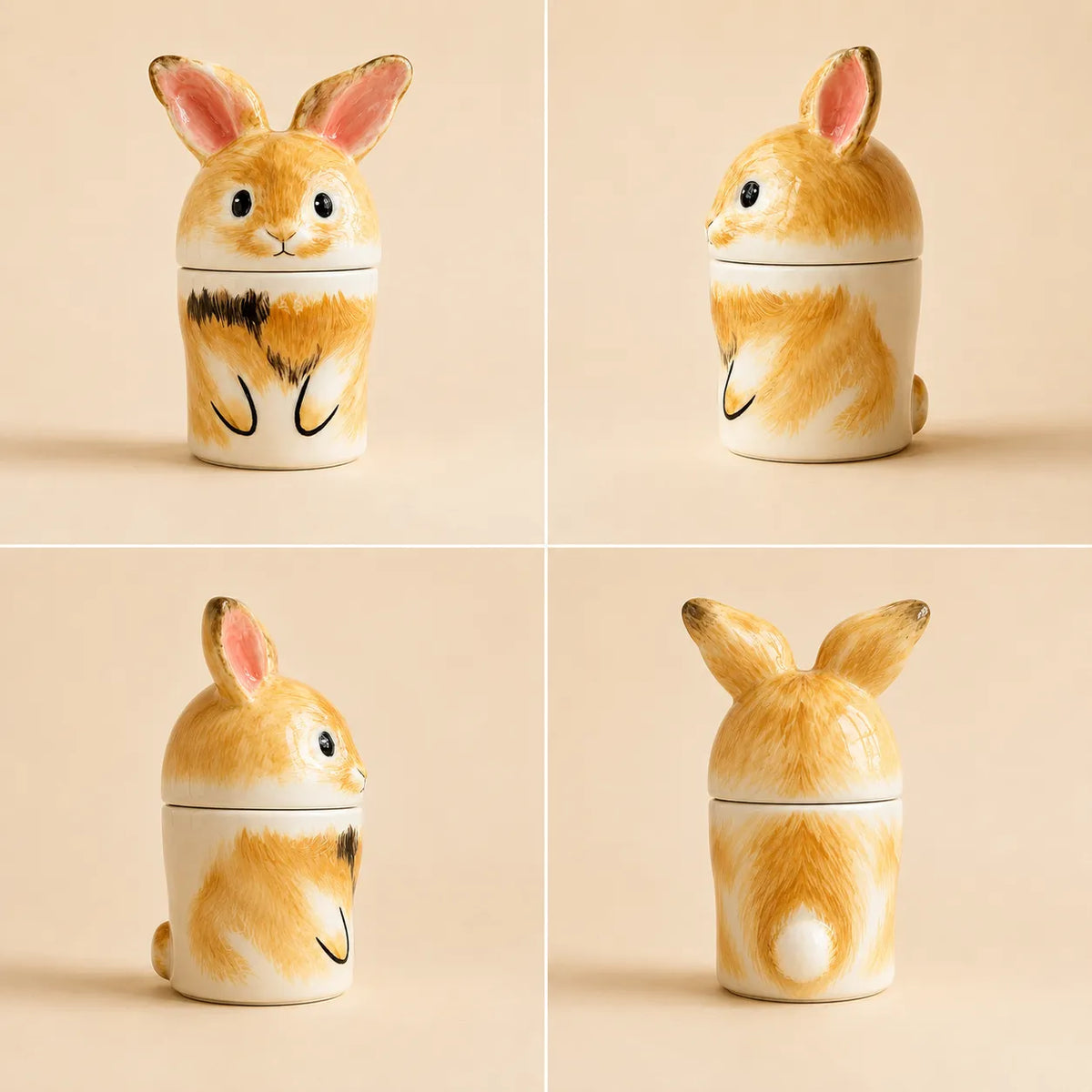 Front, side and back views of a custom hand-painted ceramic rabbit memorial urn