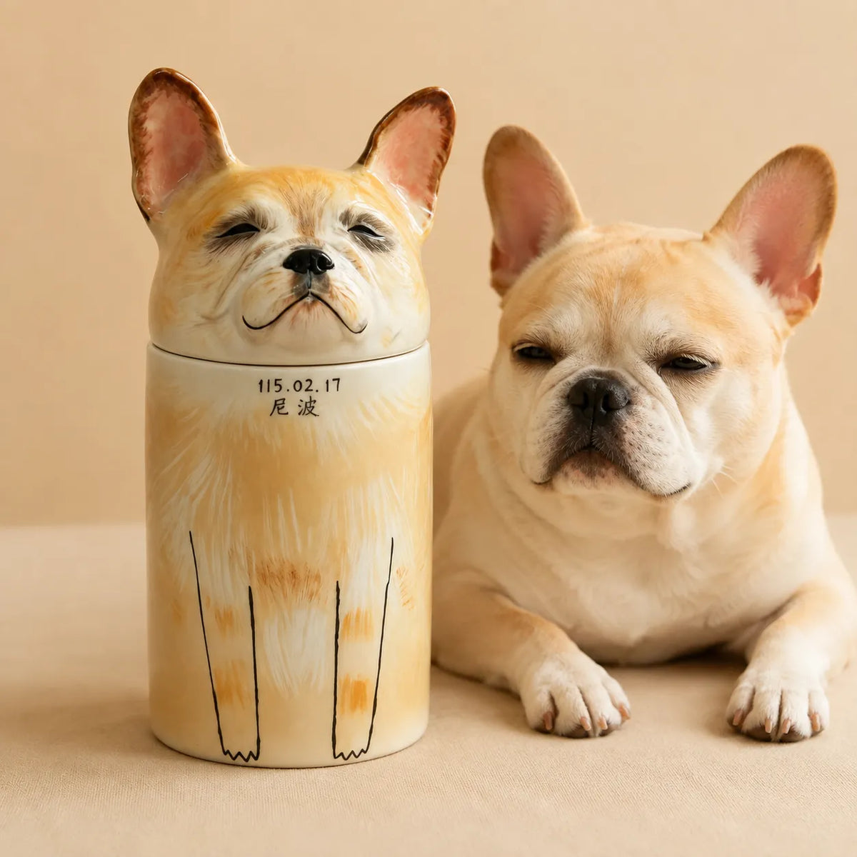 Custom hand-painted ceramic dog memorial urn displayed beside the pet reference dog