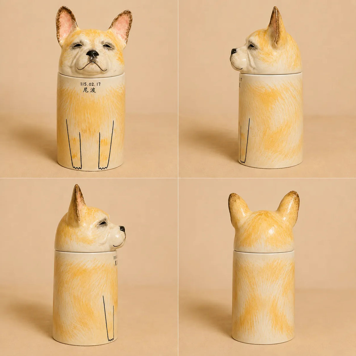 Front, side and back views of a custom hand-painted ceramic dog memorial urn