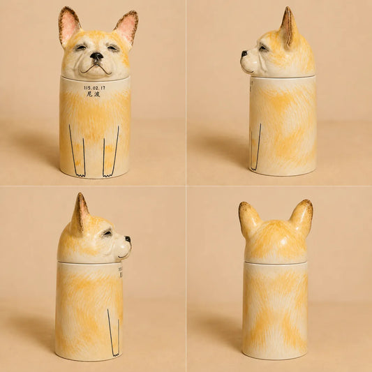 Front, side and back views of a custom hand-painted ceramic dog memorial urn