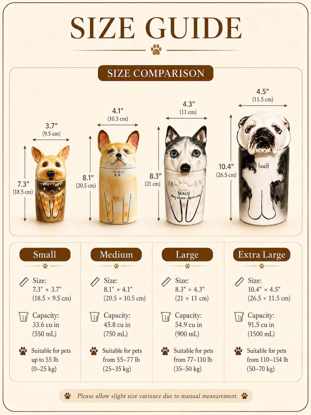 Size guide for custom ceramic dog memorial urns showing small, medium, large and extra-large dimensions, capacities and pet weight ranges
