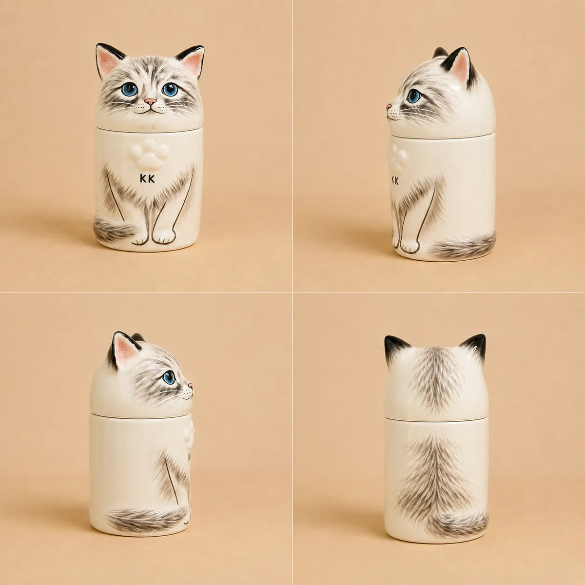 Front, side and back views of a small custom hand-painted ceramic cat memorial urn