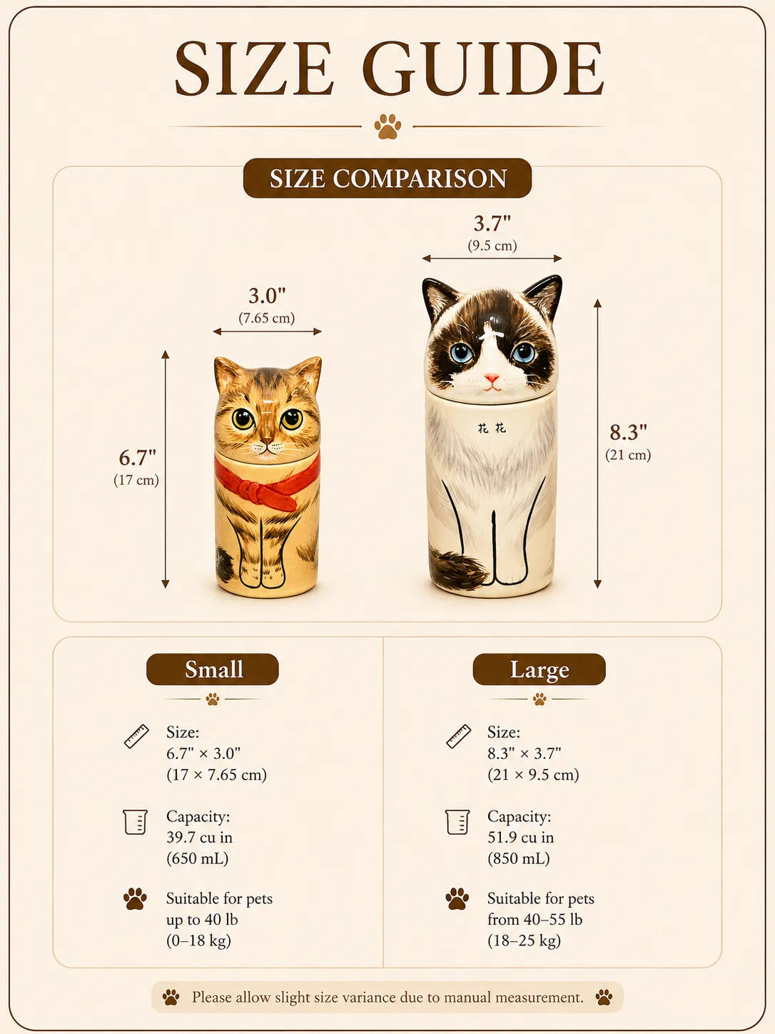 Size guide for ceramic cat memorial urns showing small and large dimensions, capacities and pet weight ranges